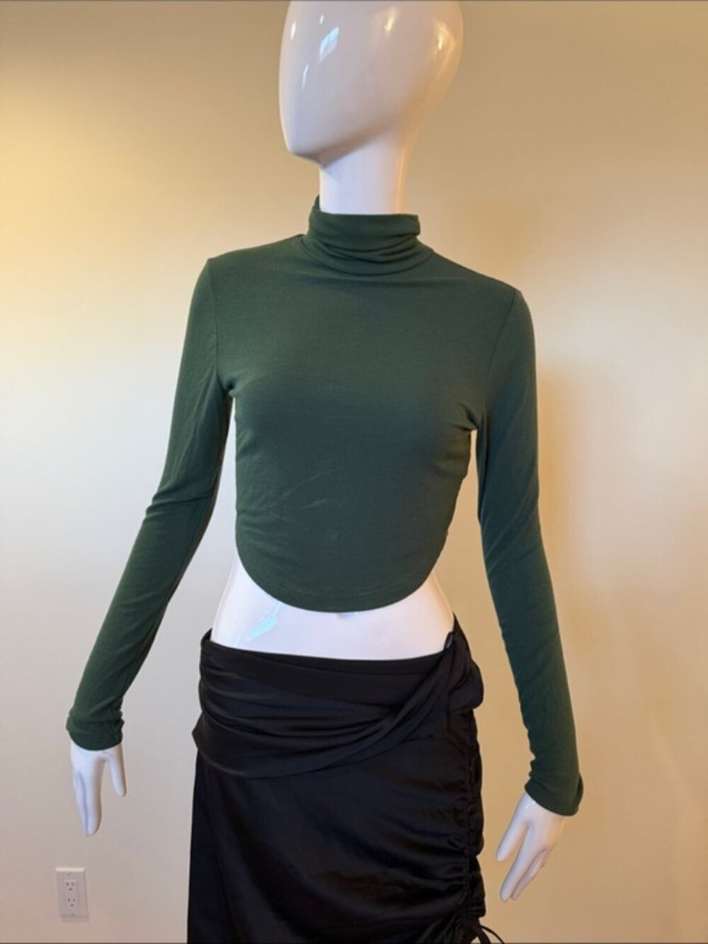 OAK + FORT Cropped Green Ribbed Turtleneck Long Sleeve Top S